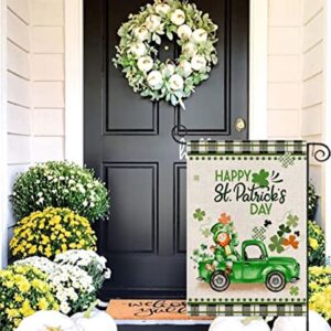 EKOREST Happy St Patrick's Day Garden Flag 12x18 Inch Vertical Double Sided Buffalo Plaid St. Patricks Truck with Leprechaun Shamrock Small Yard Flag for Outdoor Farmhouse Holiday Decoration