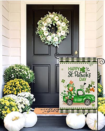 EKOREST Happy St Patrick's Day Garden Flag 12x18 Inch Vertical Double Sided Buffalo Plaid St. Patricks Truck with Leprechaun Shamrock Small Yard Flag for Outdoor Farmhouse Holiday Decoration