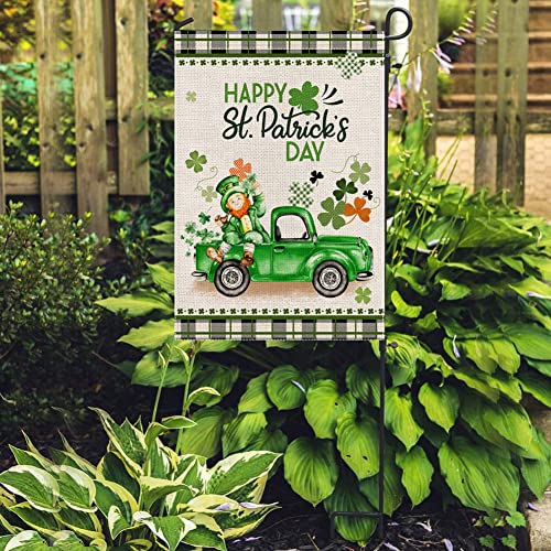 EKOREST Happy St Patrick's Day Garden Flag 12x18 Inch Vertical Double Sided Buffalo Plaid St. Patricks Truck with Leprechaun Shamrock Small Yard Flag for Outdoor Farmhouse Holiday Decoration