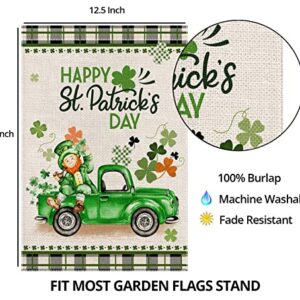 EKOREST Happy St Patrick's Day Garden Flag 12x18 Inch Vertical Double Sided Buffalo Plaid St. Patricks Truck with Leprechaun Shamrock Small Yard Flag for Outdoor Farmhouse Holiday Decoration