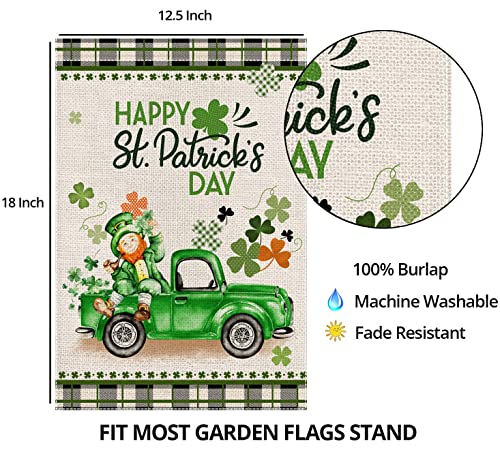 EKOREST Happy St Patrick's Day Garden Flag 12x18 Inch Vertical Double Sided Buffalo Plaid St. Patricks Truck with Leprechaun Shamrock Small Yard Flag for Outdoor Farmhouse Holiday Decoration