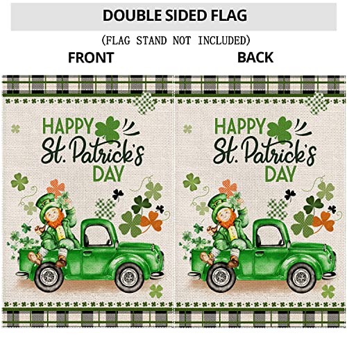 EKOREST Happy St Patrick's Day Garden Flag 12x18 Inch Vertical Double Sided Buffalo Plaid St. Patricks Truck with Leprechaun Shamrock Small Yard Flag for Outdoor Farmhouse Holiday Decoration