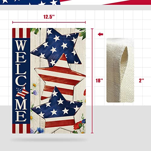 CMEGKE 4th of July Garden Flag Welcome Stars Patriotic Striped Independence Day Flag Vertical Double Sided Patriotic Memorial Day American Veteran Holiday Farm Home Outside Yard Decor 12.5 x 18 In