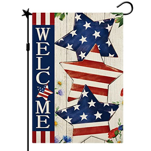 CMEGKE 4th of July Garden Flag Welcome Stars Patriotic Striped Independence Day Flag Vertical Double Sided Patriotic Memorial Day American Veteran Holiday Farm Home Outside Yard Decor 12.5 x 18 In