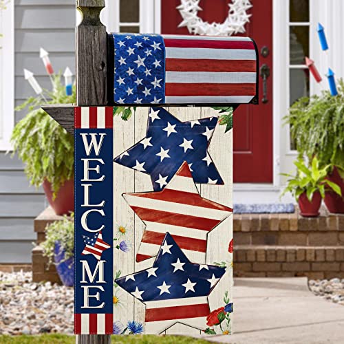 CMEGKE 4th of July Garden Flag Welcome Stars Patriotic Striped Independence Day Flag Vertical Double Sided Patriotic Memorial Day American Veteran Holiday Farm Home Outside Yard Decor 12.5 x 18 In