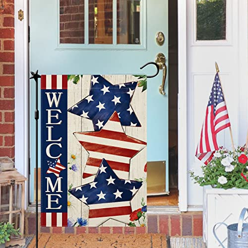 CMEGKE 4th of July Garden Flag Welcome Stars Patriotic Striped Independence Day Flag Vertical Double Sided Patriotic Memorial Day American Veteran Holiday Farm Home Outside Yard Decor 12.5 x 18 In