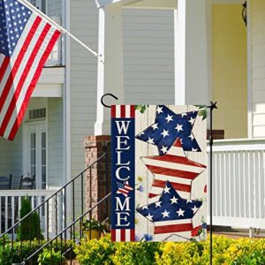 CMEGKE 4th of July Garden Flag Welcome Stars Patriotic Striped Independence Day Flag Vertical Double Sided Patriotic Memorial Day American Veteran Holiday Farm Home Outside Yard Decor 12.5 x 18 In