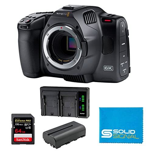 Blackmagic Design Pocket Cinema Camera 6K G2 Bundle – Includes SanDisk Extreme Pro 64GB SDXC Card, Extra NP-F570 Battery, Dual Battery Charger, and SolidSignal Microfiber Cloth