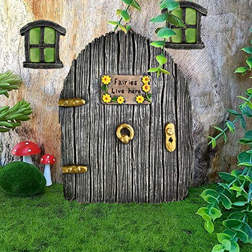 MasGo Fairy Garden Doors and Windows for Trees Miniature Fairy Gnome Home Glow in The Dark Yard Art Sculpture Decoration Miniature Accessories(3 Pack)