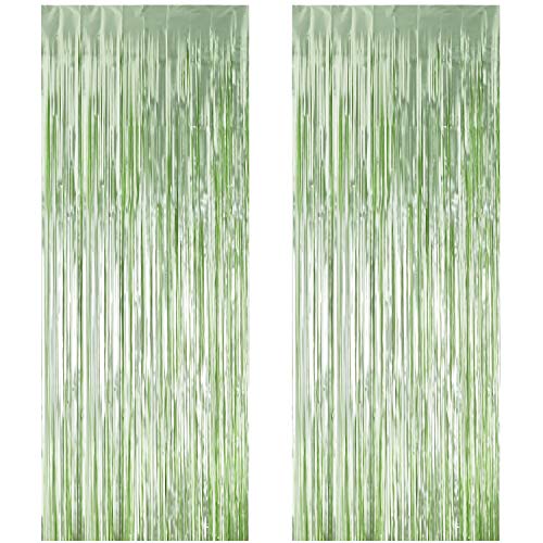 2 Pack 3.3 ft x 9.8 ft Foil Curtains Metallic Fringe Curtains Shimmer Curtain Photo Backdrop for Halloween Christmas Birthday Party Wedding Deco (Pale Green)