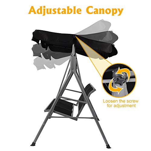 3 Person Patio Swing with Convertible Canopy--Weather Resistant Frame and Breathable Seat, Comfy Outdoor Swing Chair Bench for Porch Backyard Garden, Black