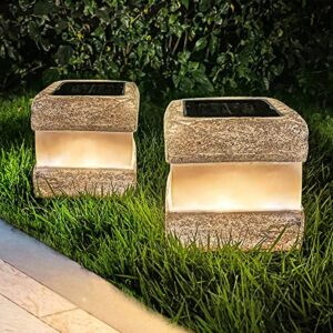 2 pack solar rock lights outdoor – solar powered landscape ground fake rocks light waterproof with warm led lights for table patio yard garden pathway walkway decor(grey)