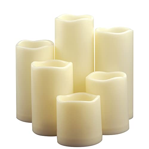 EZiHome Waterproof Outdoor Battery Operated Flameless Pillar Candles with Timer White Plastic Realistic Flickering Fake Electric LED Lights for Lantern Garden Wedding Christmas Decorations 6 Pack