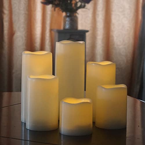 EZiHome Waterproof Outdoor Battery Operated Flameless Pillar Candles with Timer White Plastic Realistic Flickering Fake Electric LED Lights for Lantern Garden Wedding Christmas Decorations 6 Pack