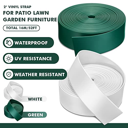 2 Pack 2 Inch Wide 26 Feet Length Vinyl Strap with 50pcs Medium Rivets Heavyweight Webbing Straps Furniture Replacement Straps for Patio Outdoor Lawn Garden Furniture DIY Repair (White and Dark Green)