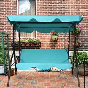 moccha 3 person outdoor patio swing canopy hammock with steel frame, adjustable tilt awning, weather resistant polyester fabric, padded cushion, for garden, deck, poolside, turquoise