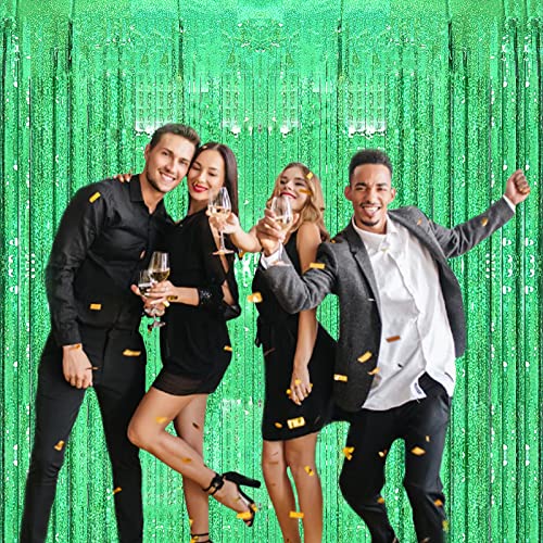 2 Pack 3.2ft x 8.2ft Green Foil Fringe Curtain, Metallic Tinsel Foil Fringe Rain Curtain Streamers Photo Backdrop for St Patricks Day Decorations Birthday Christmas Jungle Safari Tropical Party Decor