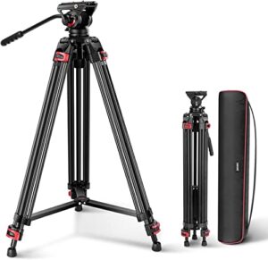 neewer 74″ pro video tripod with fluid head, heavy duty aluminum tripod with 360° pan&-70°/+90° tilt head quick release plate and mid-level spreader for dslr camera&camcorder, max load:17.6lb/8kg-gm88