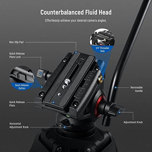 NEEWER 74" Pro Video Tripod with Fluid Head, Heavy Duty Aluminum Tripod with 360° Pan&-70°/+90° Tilt Head Quick Release Plate and Mid-Level Spreader for DSLR Camera&Camcorder, Max Load:17.6lb/8Kg-GM88