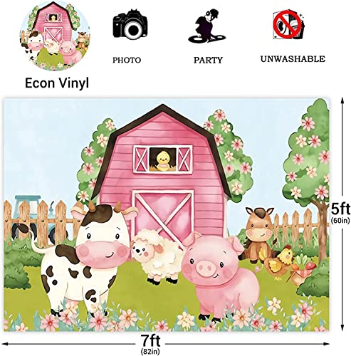 7x5ft Cartoon Farm Animals Party Backdrop Pink Barn Girl Baby Shower Birthday Photography Background Farmland Animals Cows Pigs Barnyard Backdrop Banner Cake Table Decoration Photo Booth Props