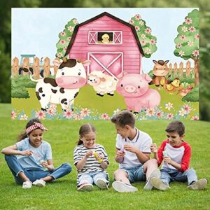 7x5ft Cartoon Farm Animals Party Backdrop Pink Barn Girl Baby Shower Birthday Photography Background Farmland Animals Cows Pigs Barnyard Backdrop Banner Cake Table Decoration Photo Booth Props
