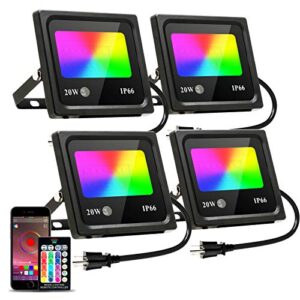 led flood light outdoor, 200w equivalent smart floodlight app control, 20w diy rgb color changing party stage lighting, 2700k&16 million colors & timing, ip66 waterproof uplight for garden 4 pack