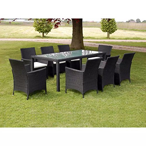 Festnight 9 Piece Outdoor Patio Dining Set Black Poly Rattan Glass Top Dining Table and 8 Chairs with Cushions Sectional Conversation Set Backyard Garden Furniture Space Saving