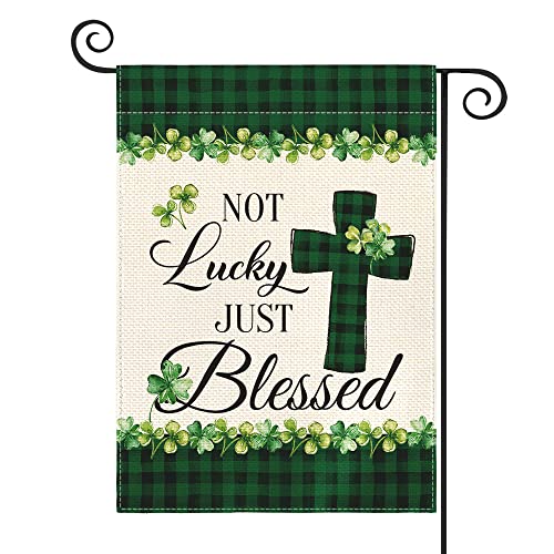 AVOIN colorlife Lucky Clover St Patricks Day Garden Flag Double Sided, Buffalo Plaid Rustic Farmhouse Shamrock Yard Outdoor Flag 12x18 Inch