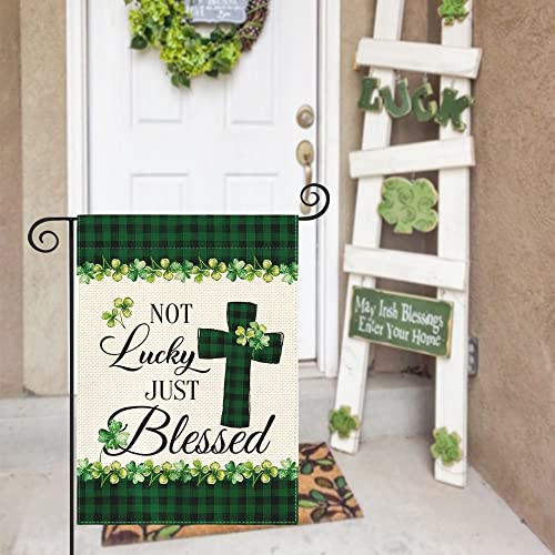 AVOIN colorlife Lucky Clover St Patricks Day Garden Flag Double Sided, Buffalo Plaid Rustic Farmhouse Shamrock Yard Outdoor Flag 12x18 Inch