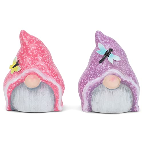 Napco Spring Bugs Gnome 3 Inch Tall Blue Pink Ceramic Garden Figurine (Set of 2)