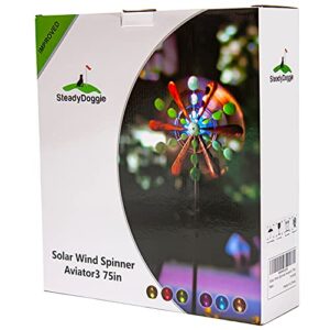 Solar Wind Spinner Aviator3 75in Multi-Color Seasonal LED Lighting Solar Powered Glass Ball with Kinetic Wind Spinner Dual Direction for Patio Lawn & Garden, Easy to Assemble and LED Color Changing