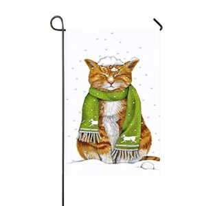 mark reynolds orange cat with green scarf squint eyes in the snowing day garden flag holiday decoration double sided flag 12.5″ x 18″