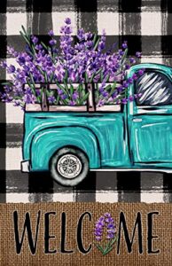 covido welcome spring blue truck decorative garden flag, lavender flowers buffalo plaid check yard outside decorations, summer farmhouse burlap outdoor small home decor double sided 12 x 18