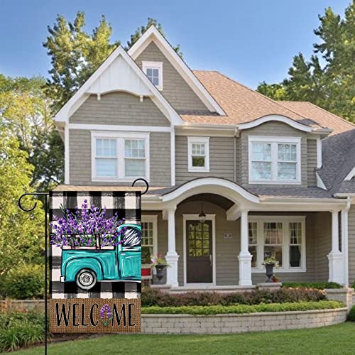 Covido Welcome Spring Blue Truck Decorative Garden Flag, Lavender Flowers Buffalo Plaid Check Yard Outside Decorations, Summer Farmhouse Burlap Outdoor Small Home Decor Double Sided 12 x 18