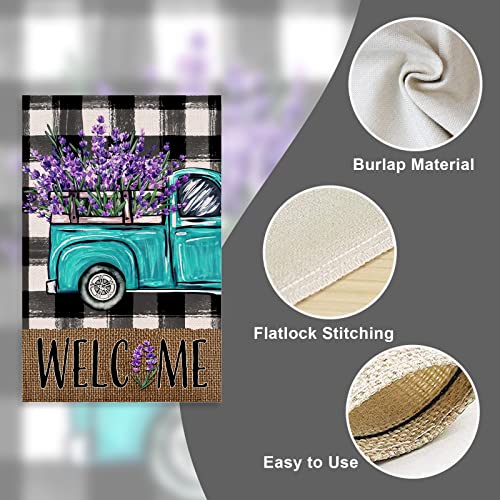 Covido Welcome Spring Blue Truck Decorative Garden Flag, Lavender Flowers Buffalo Plaid Check Yard Outside Decorations, Summer Farmhouse Burlap Outdoor Small Home Decor Double Sided 12 x 18