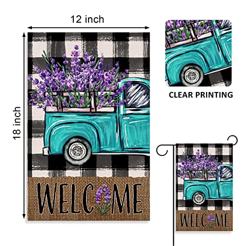 Covido Welcome Spring Blue Truck Decorative Garden Flag, Lavender Flowers Buffalo Plaid Check Yard Outside Decorations, Summer Farmhouse Burlap Outdoor Small Home Decor Double Sided 12 x 18