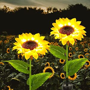 felishine solar sunflower stake garden lights, 2 pack waterproof led outdoor lights,large realistic flowers for courtyard, front yard backyard pathway patio porch walkway