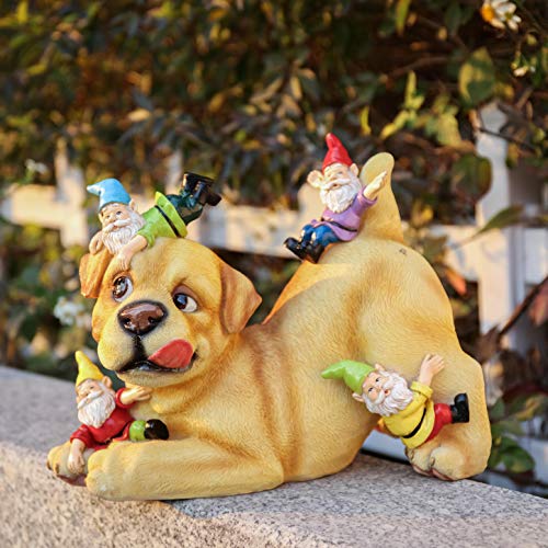 TERESA'S COLLECTIONS Dog and Gnome Garden Sculptures & Statues Outdoor, Funny Gnomes Garden Art Outdoor Decor Garden Gift Garden Decor for Outside Lawn Yard Patio Home Decoration 9 inch