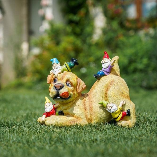 TERESA'S COLLECTIONS Dog and Gnome Garden Sculptures & Statues Outdoor, Funny Gnomes Garden Art Outdoor Decor Garden Gift Garden Decor for Outside Lawn Yard Patio Home Decoration 9 inch