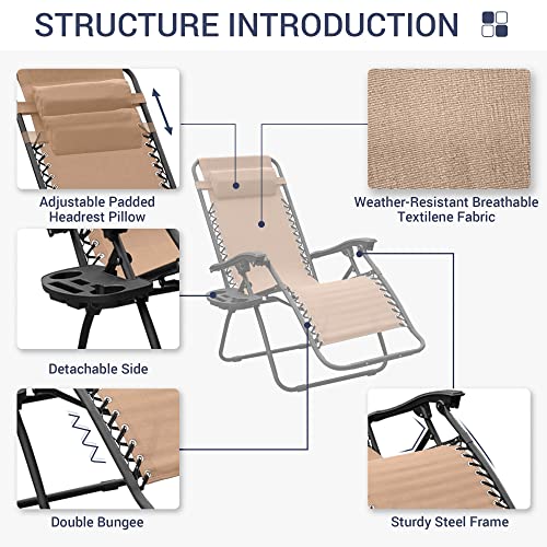 BELLEZE Zero Gravity Chairs Set of 2, Outdoor Adjustable Folding Lawn Chairs Recliner Chairs with Cup Holder Pillow, Lounge Chairs for Patio Camping Garden Beach Pool Side Deck, Beige