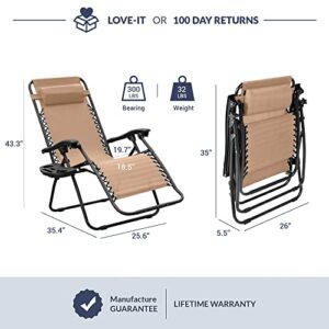 BELLEZE Zero Gravity Chairs Set of 2, Outdoor Adjustable Folding Lawn Chairs Recliner Chairs with Cup Holder Pillow, Lounge Chairs for Patio Camping Garden Beach Pool Side Deck, Beige