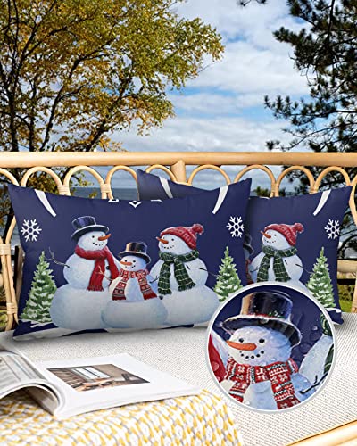 Outdoor Throw Pillow Covers Waterproof Pillow Cases 20x12In,Snowman Family Christmas Tree Snowflake Decorative Pillow Covers Cushion Cases for Couch Sofa Patio Garden,2 Pack Winter Snow Night