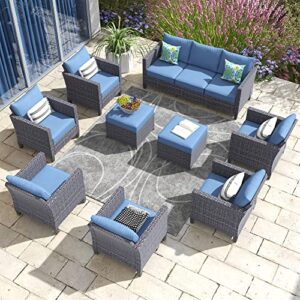 hooowooo patio outdoor conversation set 9 pieces outside patio furniture set wicker rattan patio seating set weather resistant patio chairs set,denim blue