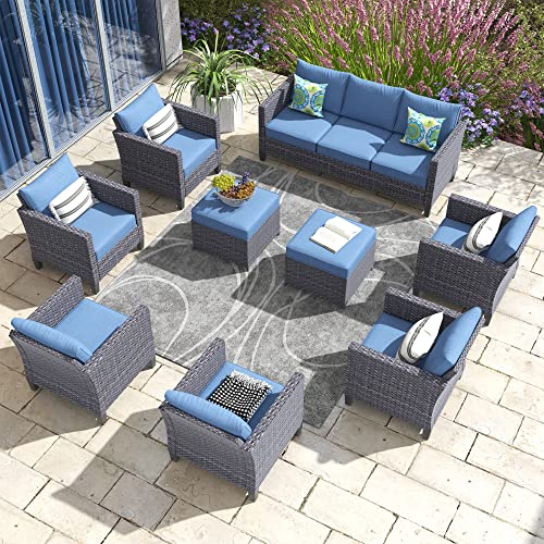 HOOOWOOO Patio Outdoor Conversation Set 9 Pieces Outside Patio Furniture Set Wicker Rattan Patio Seating Set Weather Resistant Patio Chairs Set,Denim Blue