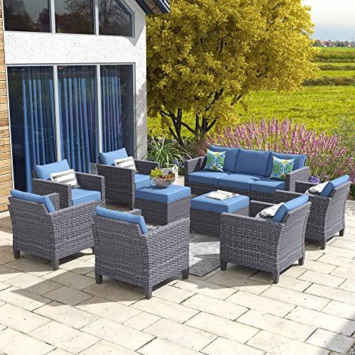 HOOOWOOO Patio Outdoor Conversation Set 9 Pieces Outside Patio Furniture Set Wicker Rattan Patio Seating Set Weather Resistant Patio Chairs Set,Denim Blue