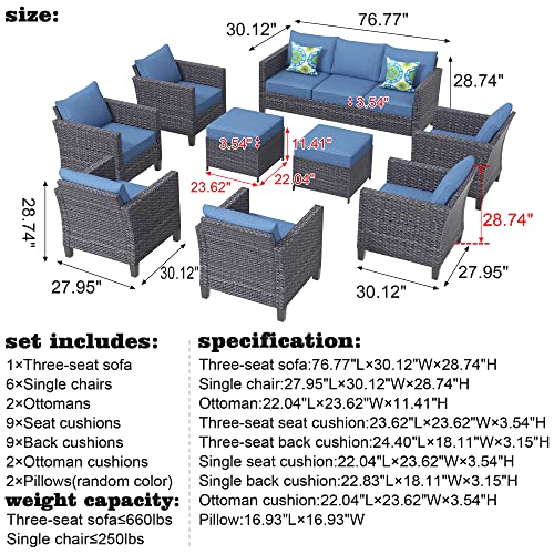 HOOOWOOO Patio Outdoor Conversation Set 9 Pieces Outside Patio Furniture Set Wicker Rattan Patio Seating Set Weather Resistant Patio Chairs Set,Denim Blue