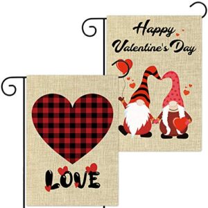 watinc 2pcs happy valentine’s day garden flags buffalo check plaid love gnome decorations double sided burlap home decorative seasonal decor for outdoor yard valentines party supplies 12.4 x 18.2 inch