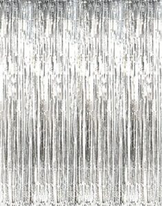 goer 6.4 ft x 9.8 ft metallic tinsel foil fringe curtains,pack of 2 party streamer backdrop for birthday,graduation decorations and new year eve (silver)