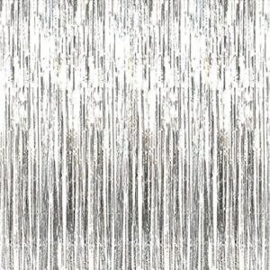 GOER 6.4 ft x 9.8 ft Metallic Tinsel Foil Fringe Curtains,Pack of 2 Party Streamer Backdrop for Birthday,Graduation Decorations and New Year Eve (Silver)