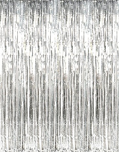 GOER 6.4 ft x 9.8 ft Metallic Tinsel Foil Fringe Curtains,Pack of 2 Party Streamer Backdrop for Birthday,Graduation Decorations and New Year Eve (Silver)